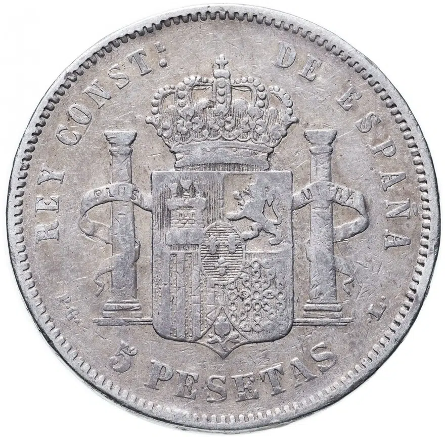 Испания 5 песет (pesetas) 1893  Буквы PG и L на реверсе, реверс