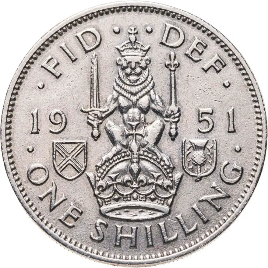 Великобритания 1 шиллинг (shilling) 1951  Шотландский шиллинг - лев, сидящий на короне, аверс