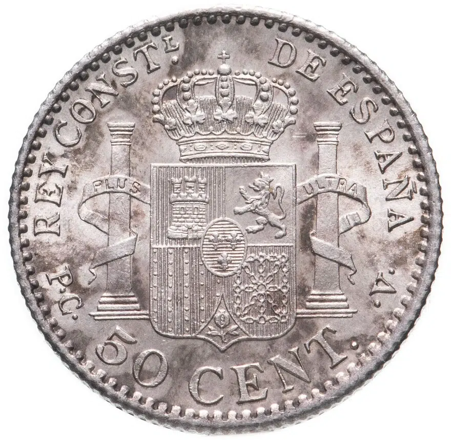 Испания 50 сентимо 1904 (1 и 0 внутри звёзд), реверс
