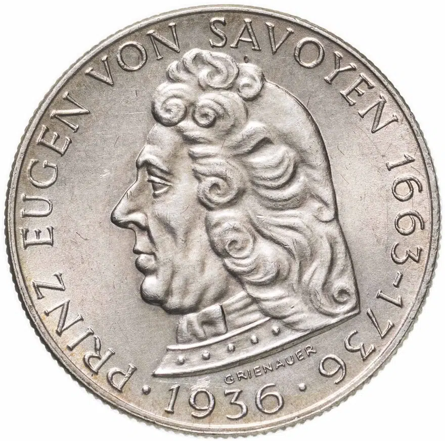 Австрия 2 шиллинга (shillings) 1936  200 лет со дня смерти Принца Евгения Савойского