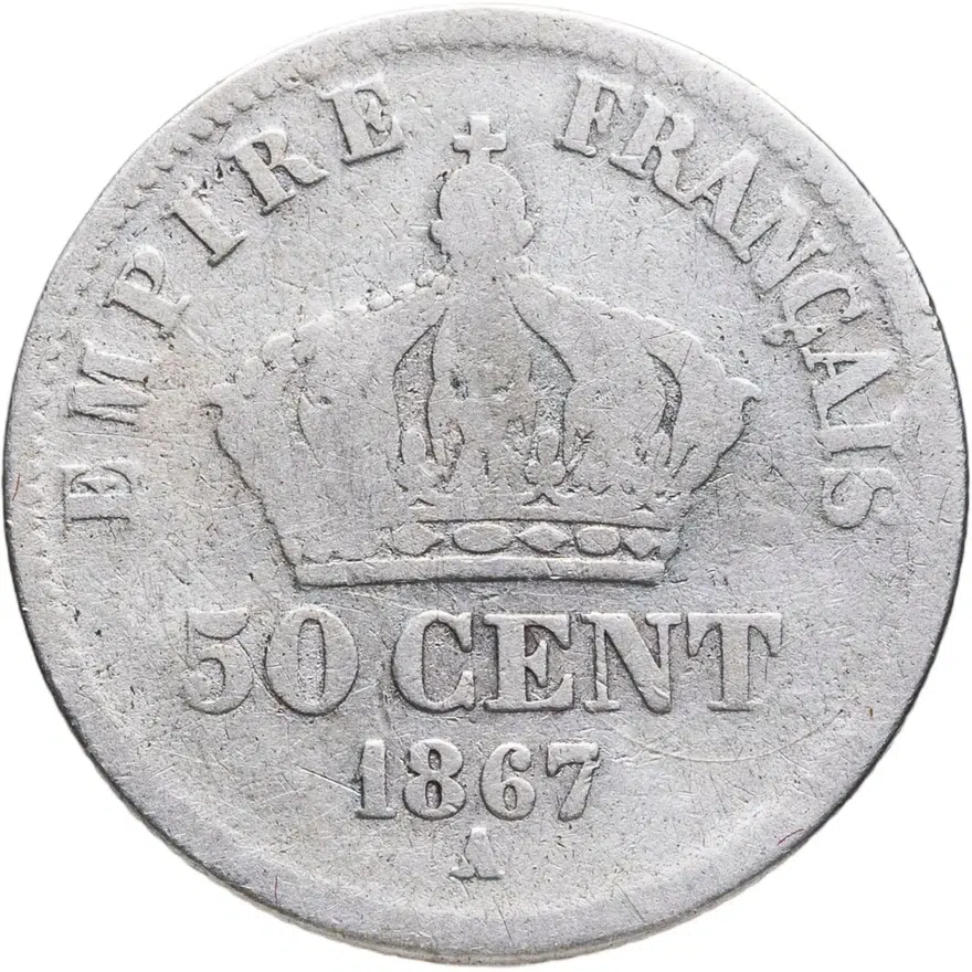 Франция 50 сантимов (centimes) 1867 A  знак монетного двора: "A" - Париж