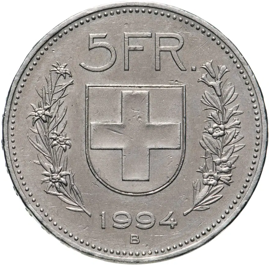Швейцария 5 франков (francs) 1994, аверс