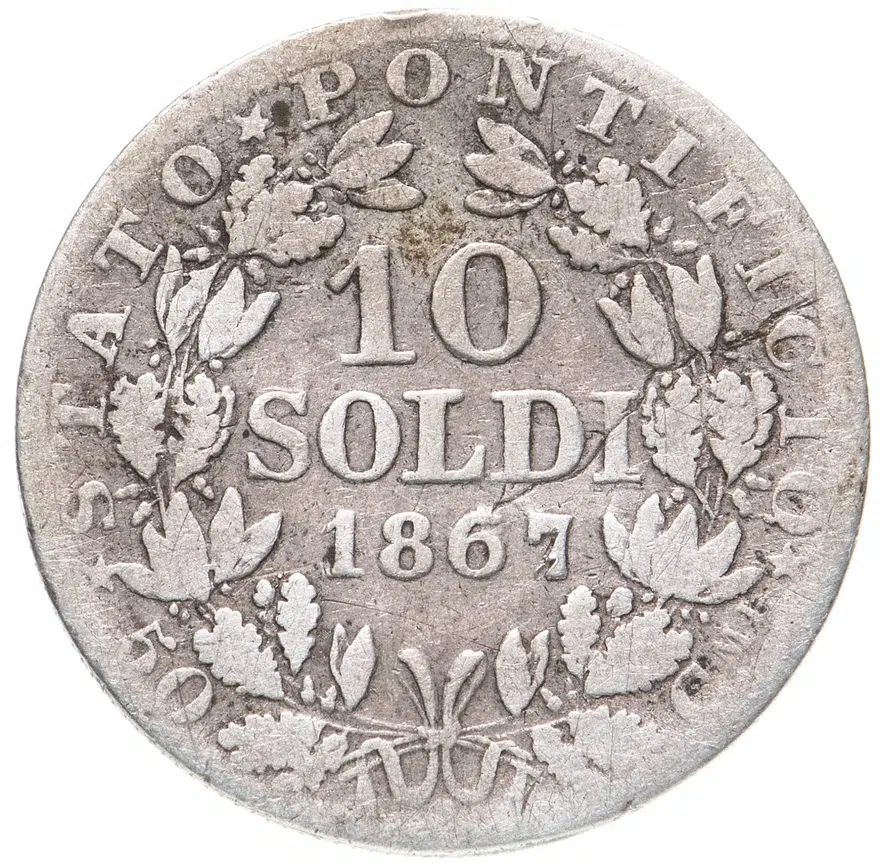 Папская область 10 сольдо (soldi) 1867  Надпись "PIVS·IX·PON·" на аверсе XXII, аверс