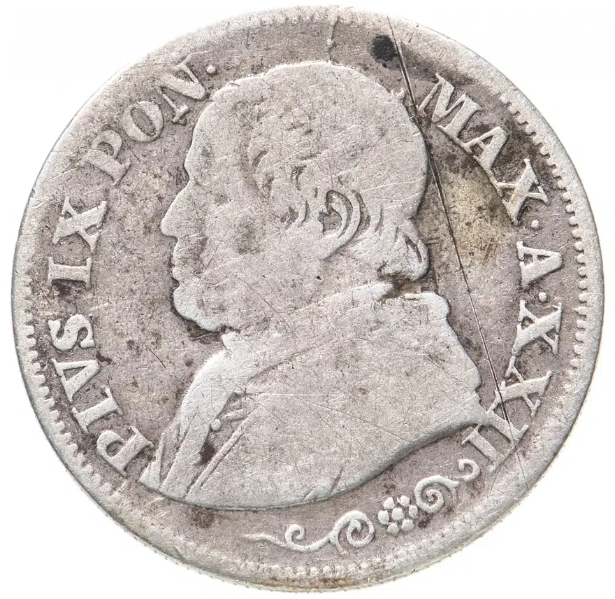 Папская область 10 сольдо (soldi) 1867  Надпись "PIVS·IX·PON·" на аверсе XXII, реверс