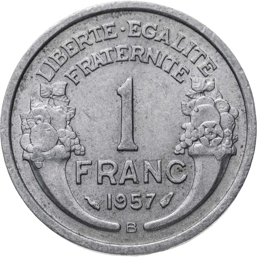 Франция 1 франк (franc) 1957 B  знак монетного двора: "B" - "Бомон-ле-Роже", реверс