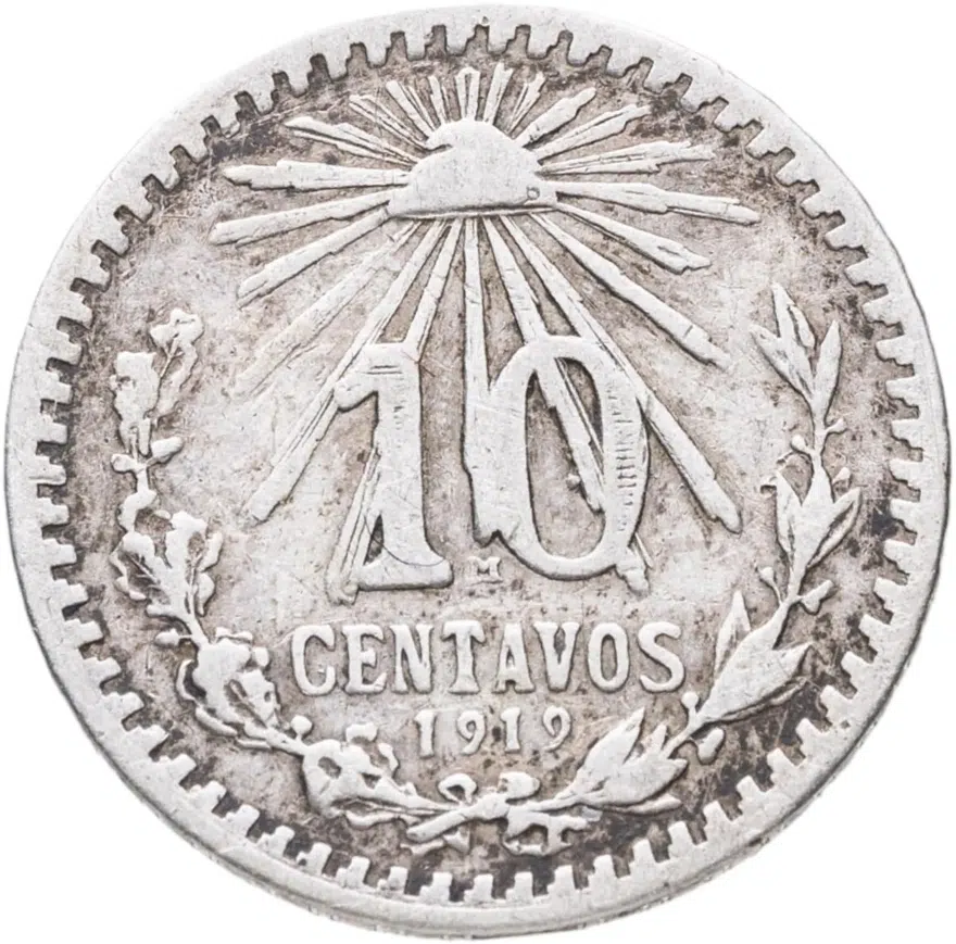Мексика 10 сентаво (centavos) 1919 серебро /серый цвет/