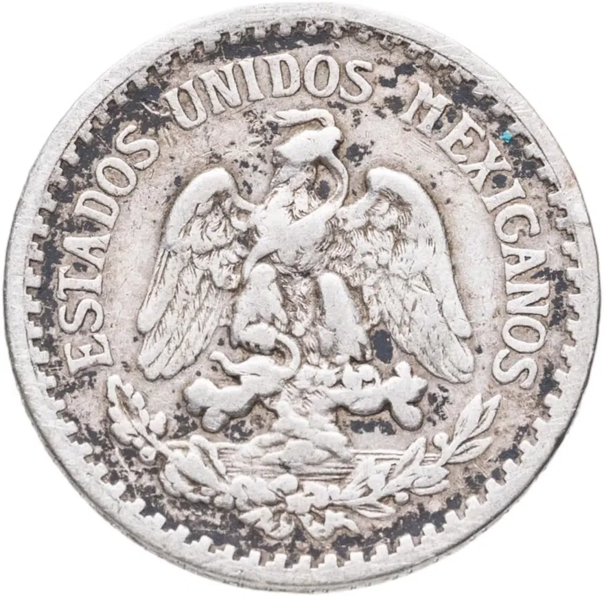 Мексика 10 сентаво (centavos) 1919 серебро /серый цвет/, реверс