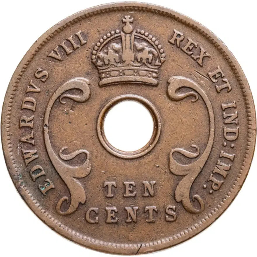 Британская Восточная Африка 10 центов (cents) 1936 Эдуард VIII Без отметки монетного двора, аверс