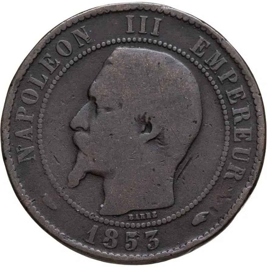 Франция 10 сантимов (centimes) 1853 A  знак монетного двора: "A" - Париж