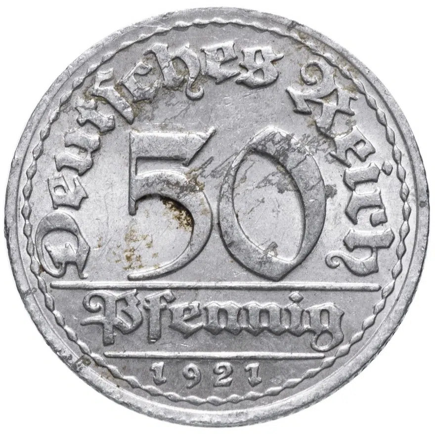 Германия (Веймарская республика) 50 пфеннигов (pfennig) 1921 D брак "расслоение заготовки", аверс