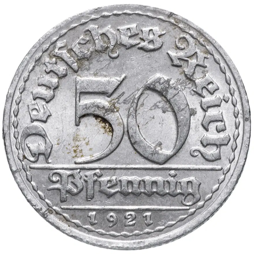 Германия (Веймарская республика) 50 пфеннигов (pfennig) 1921 D брак "расслоение заготовки", реверс