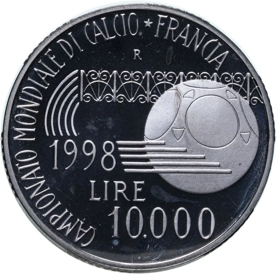 Италия 10000 лир (lire) 1998 Proof Чемпионат мира по футболу 1998, реверс