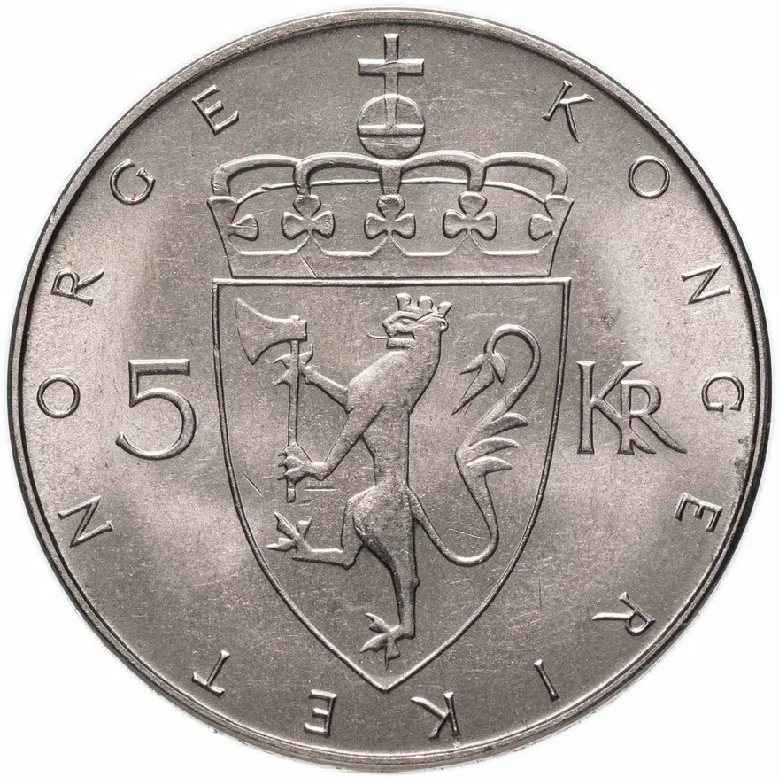 Норвегия 5 крон (kroner) 1975  100 лет кроне, реверс