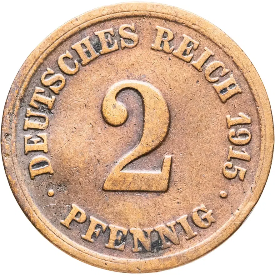 Германия 2 пфеннига (pfennig) 1915 F  знак монетного двора: "F" - Штутгарт, аверс
