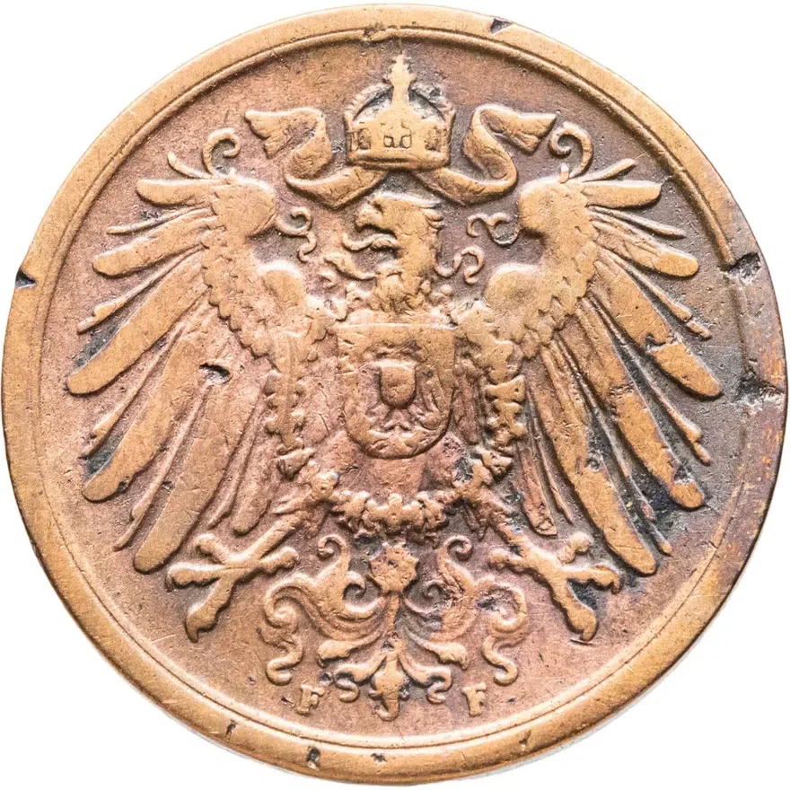 Германия 2 пфеннига (pfennig) 1915 F  знак монетного двора: "F" - Штутгарт, реверс