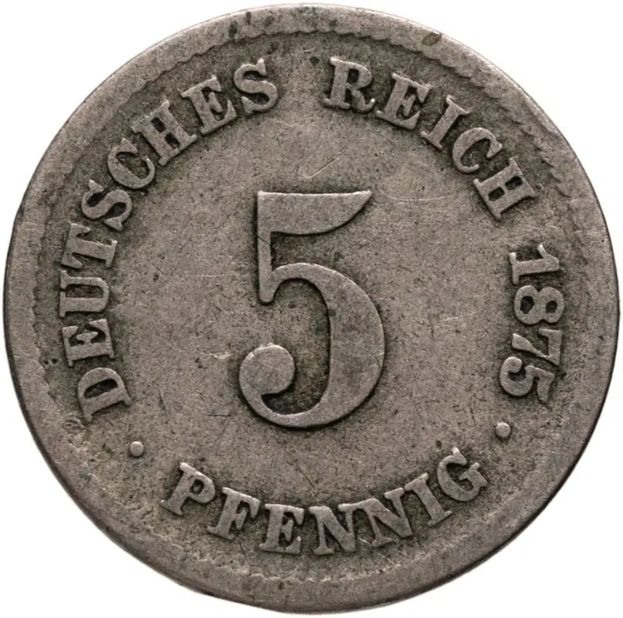 Германия 5 пфеннигов (pfennig) 1875 F  знак монетного двора: "F" - Штутгарт