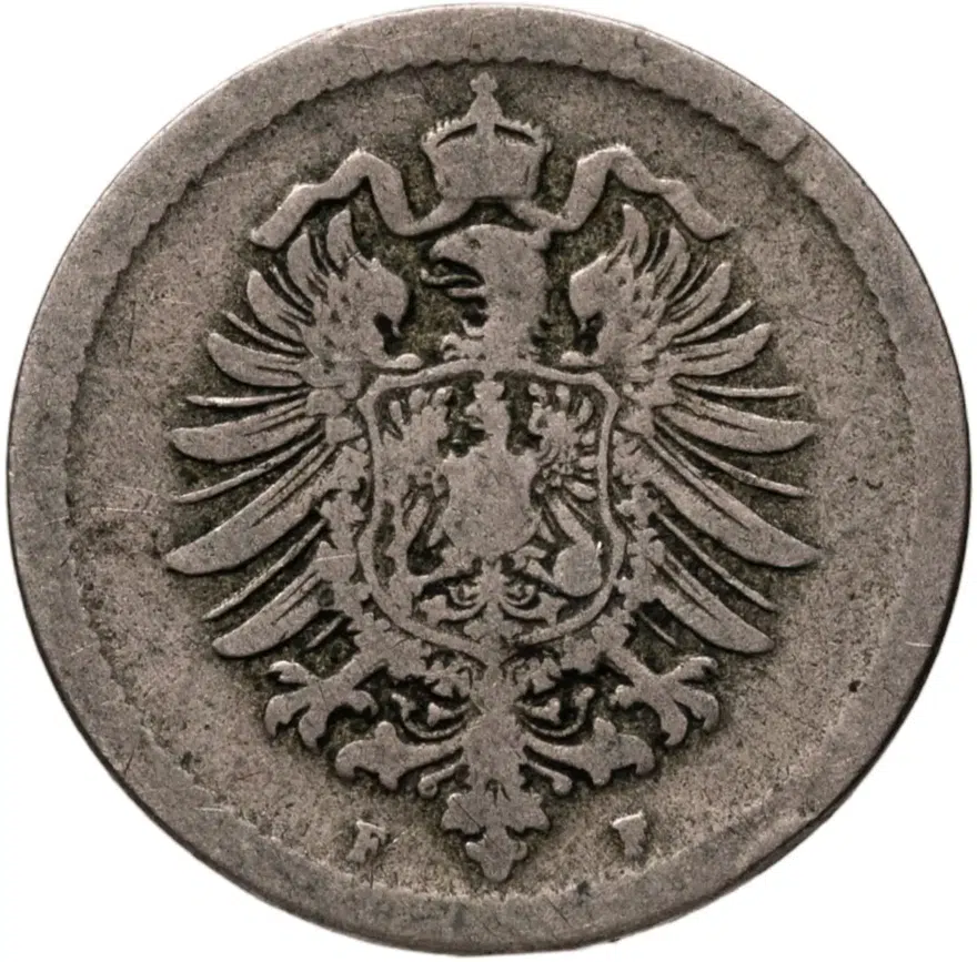 Германия 5 пфеннигов (pfennig) 1875 F  знак монетного двора: "F" - Штутгарт, реверс