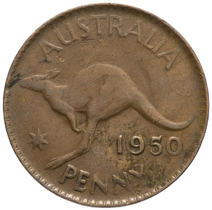 Австралия 1 пенни (penny) 1950    Без точки, аверс