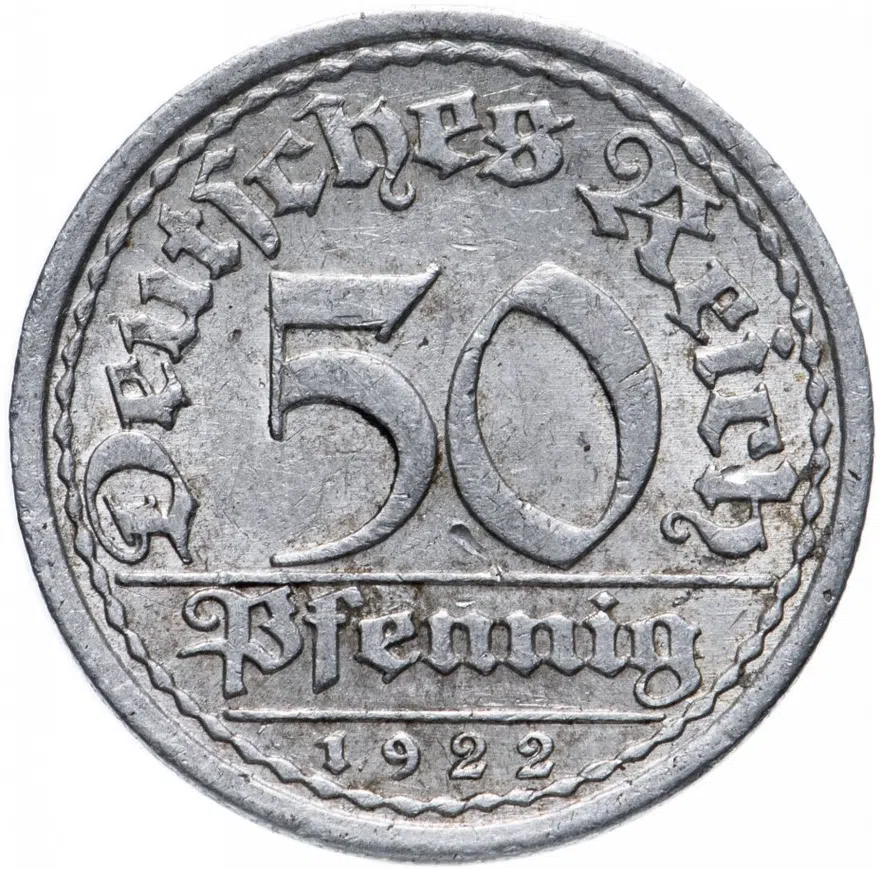 Германия (Веймарская республика) 50 пфеннигов (pfennig) 1922 A, аверс