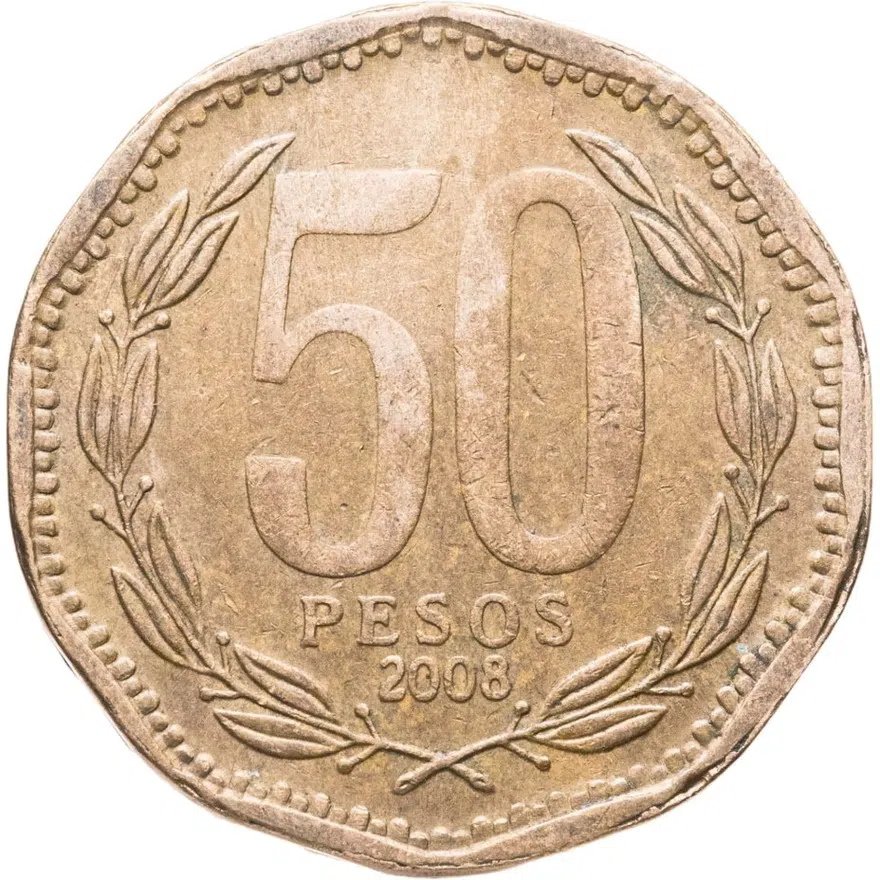 Чили 50 песо (pesos) 2008   Правильная надпись "CHILE", Надпись "R.Thenot"