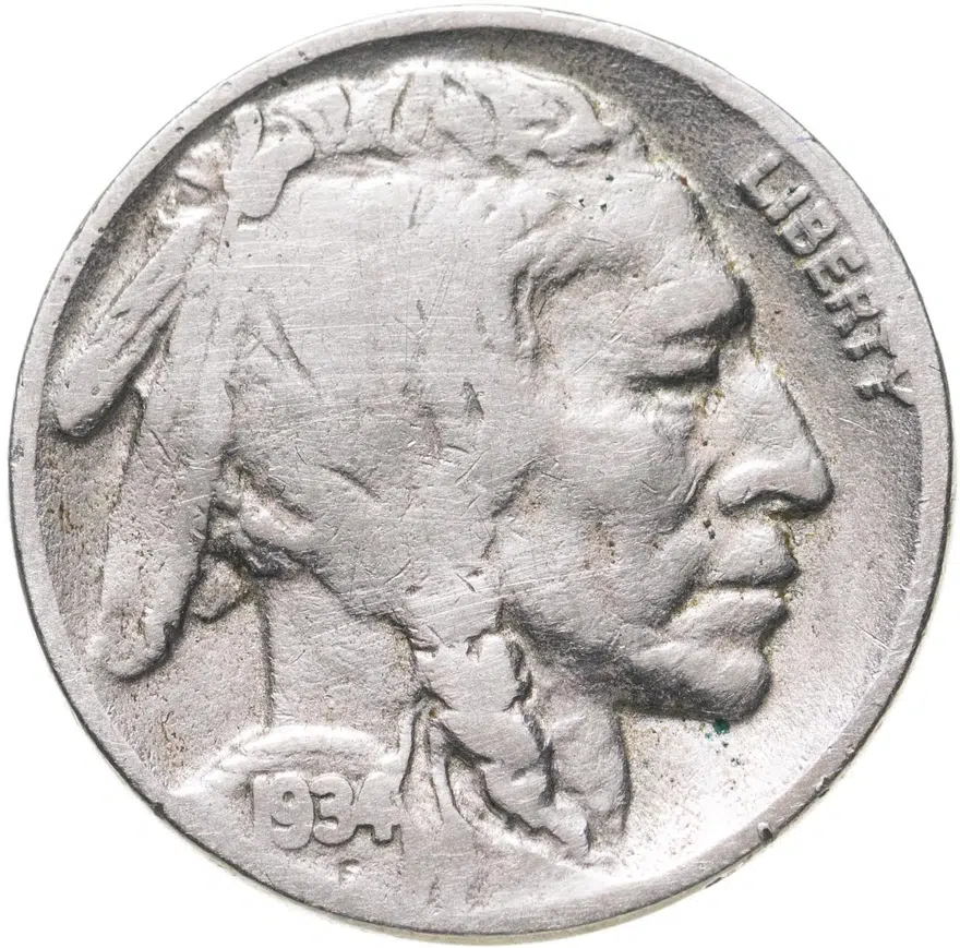 США 5 центов (cents) 1934 D Buffalo Nickel знак монетного двора: "D" - Денвер, реверс
