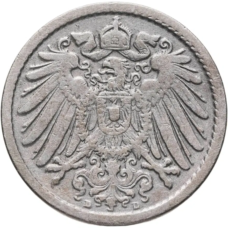 Германия 5 пфеннигов (pfennig) 1898 D  знак монетного двора: "D" - Мюнхен, реверс