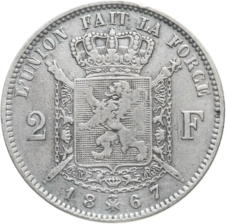 Бельгия 2 франка (francs) 1867   с крестом на короне, реверс