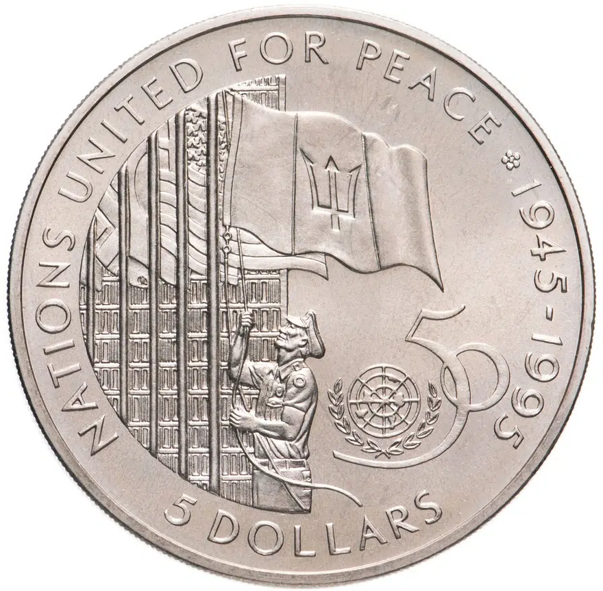 Барбадос 5 долларов (dollars) 1995  50 лет ООН