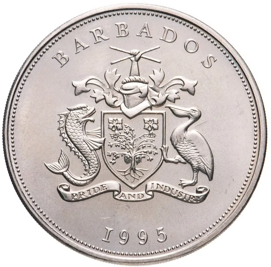 Барбадос 5 долларов (dollars) 1995  50 лет ООН, реверс