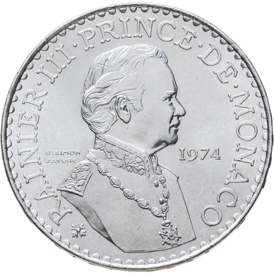 Монако 50 франков (francs) 1974 "25 лет правления Ренье III"