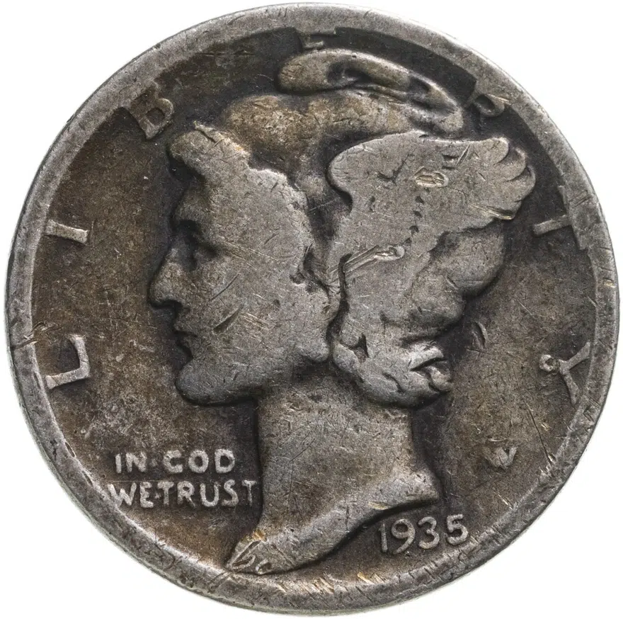 США 10 центов (дайм, one dime) 1935  Mercury Dime Без отметки монетного двора
