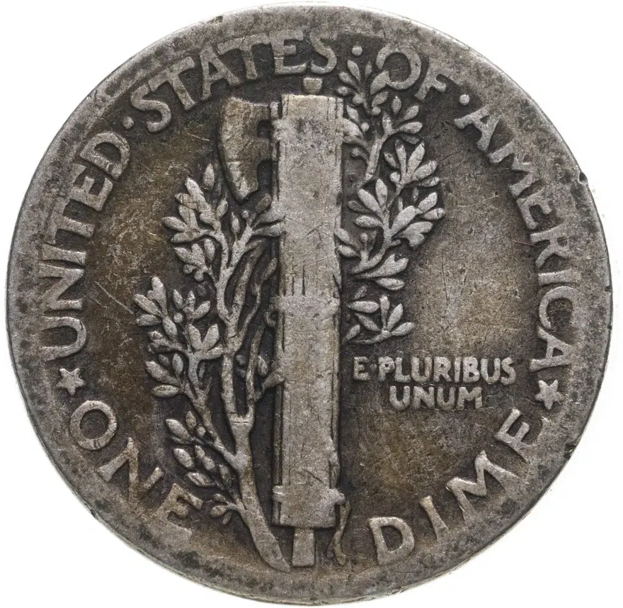 США 10 центов (дайм, one dime) 1935  Mercury Dime Без отметки монетного двора, реверс
