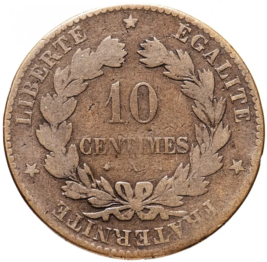 10 сантимов (centimes) 1876 A   знак монетного двора: "A" - Париж Франция, аверс