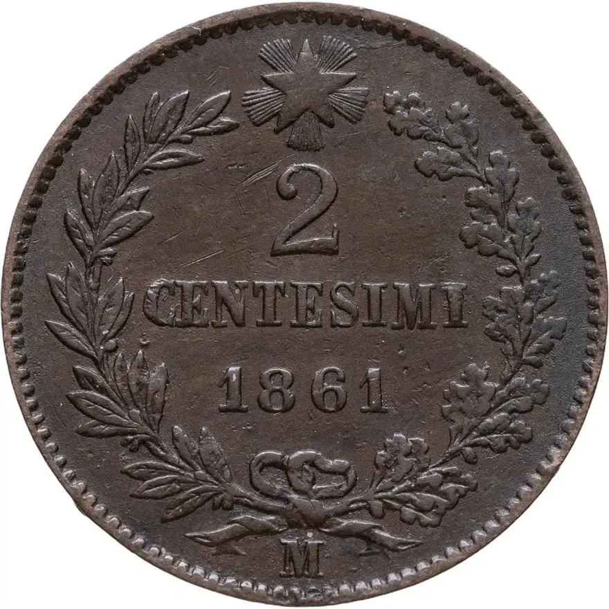 Италия 2 чентезимо (centesimi) 1861 M  знак монетного двора: "M" - Милан