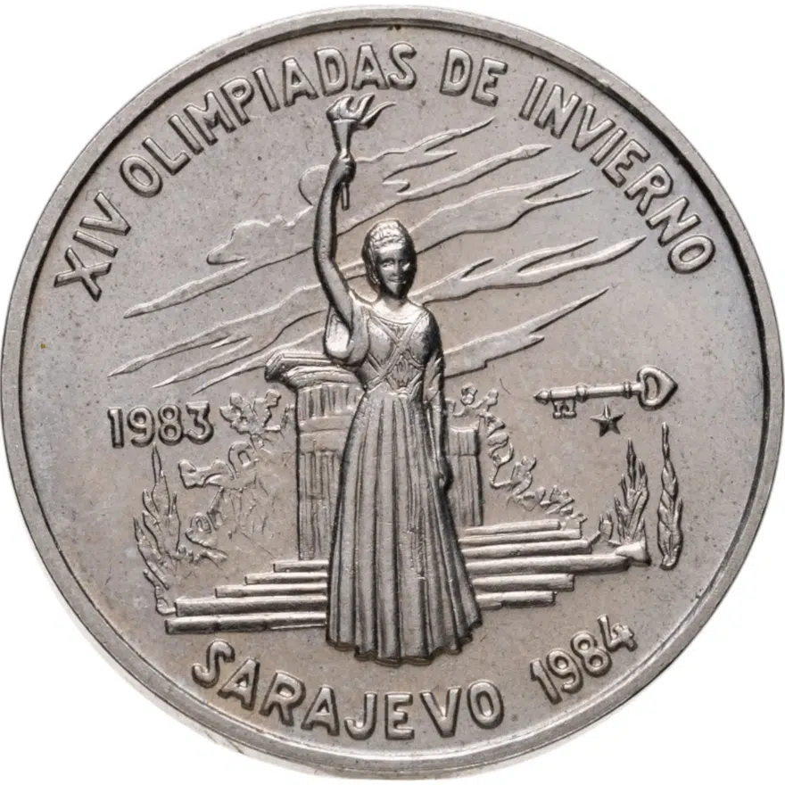 Куба 1 песо (peso) 1983  XIV зимние Олимпийские игры, Сараево 1984 - Женщина с факелом, аверс
