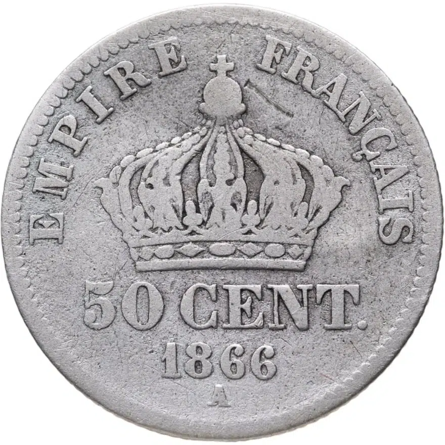 Франция 50 сантимов (centimes) 1866 A  знак монетного двора: "A" - Париж