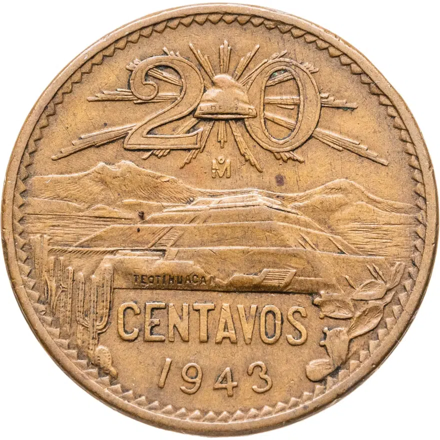 Мексика 20 сентаво (centavos) 1943  Бронза /коричневый цвет/