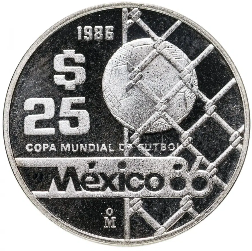 Мексика 25 песо (pesos) 1985  Чемпионат мира по футболу 1986 - Мяч в воротах