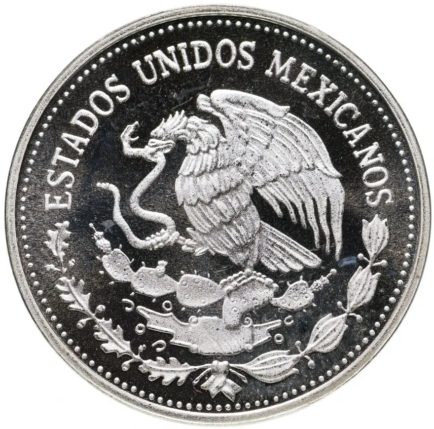 Мексика 25 песо (pesos) 1985  Чемпионат мира по футболу 1986 - Мяч в воротах, реверс