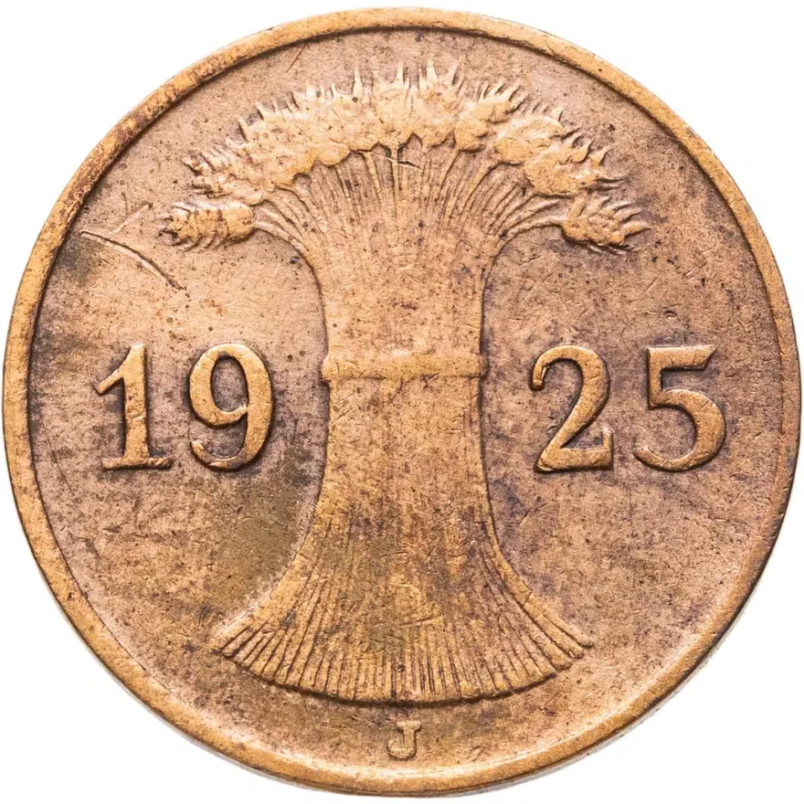Германия 1 рейхспфенниг (reichspfennig) 1925 J  знак монетного двора "J" — Гамбург, реверс