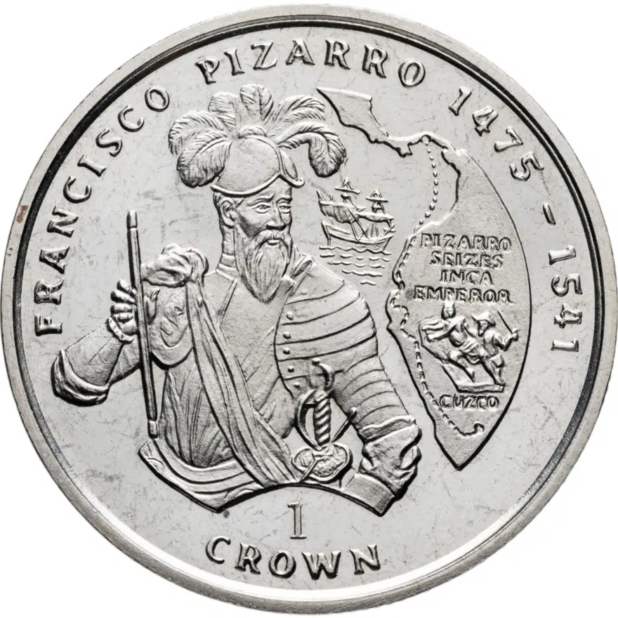 Остров Мэн 1 крона (crown) 2000 Мореплаватели - Франсиско Писарро, реверс