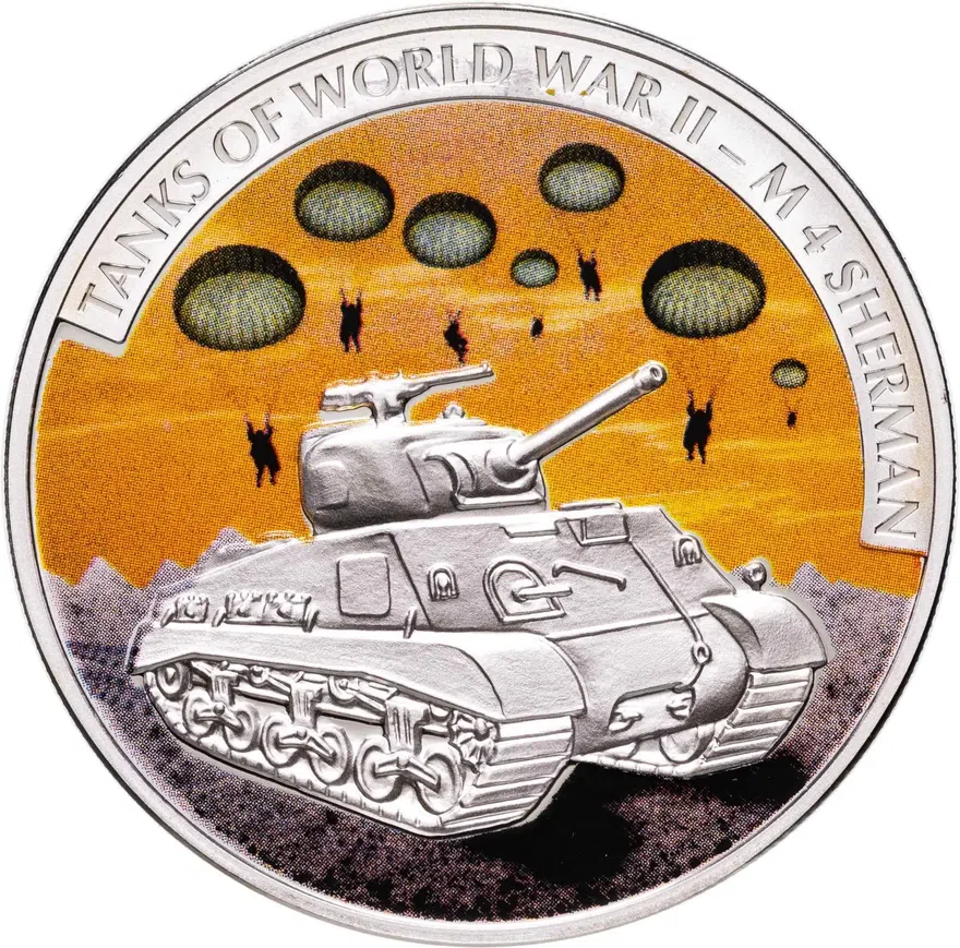 Либерия 5 долларов (dollars) 2008 "Танки Второй мировой войны - Шерман"