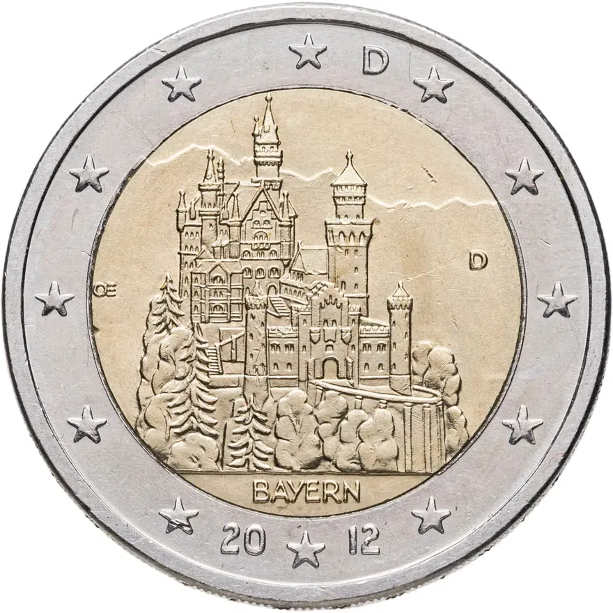 Германия 2 евро (euro) 2012 D Федеральные земли Германии: Бавария  - Замок Нойшванштайн, знак монетного двора "D" - Мюнхен, аверс