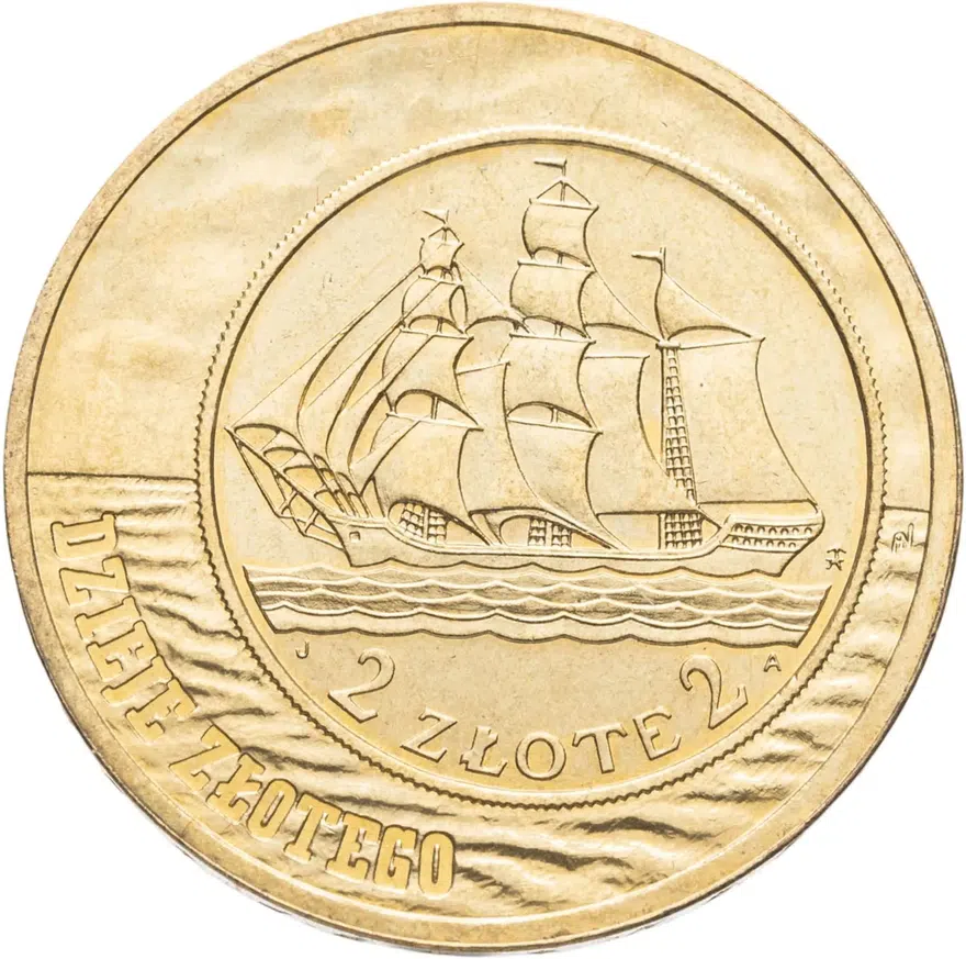 Польша 2 злотых (zlote) 2005  История польского злотого - парусное судно на 2 и 5 злотых 1936 года, реверс