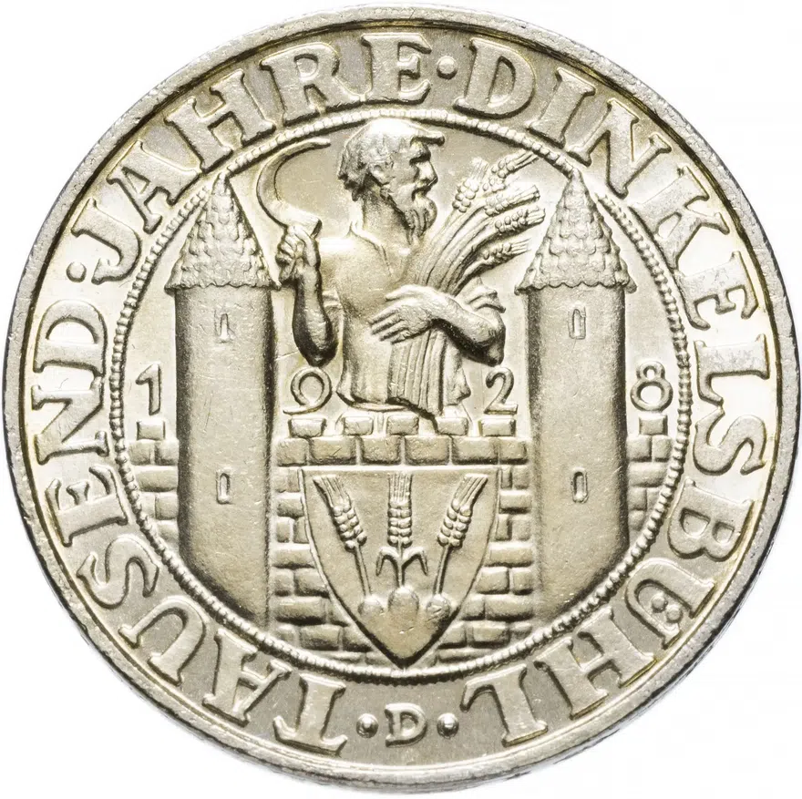 Германия (Веймарская республика) 3 рейхсмарки (reichsmark) 1928 "1000 лет Динкельсбюлю", реверс