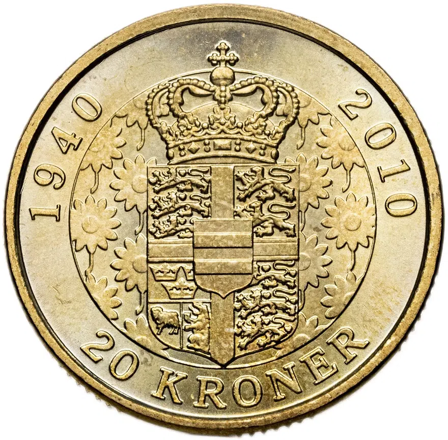 Дания 20 крон (kroner) 2010  70 лет со дня рождения королевы Маргрете II, аверс