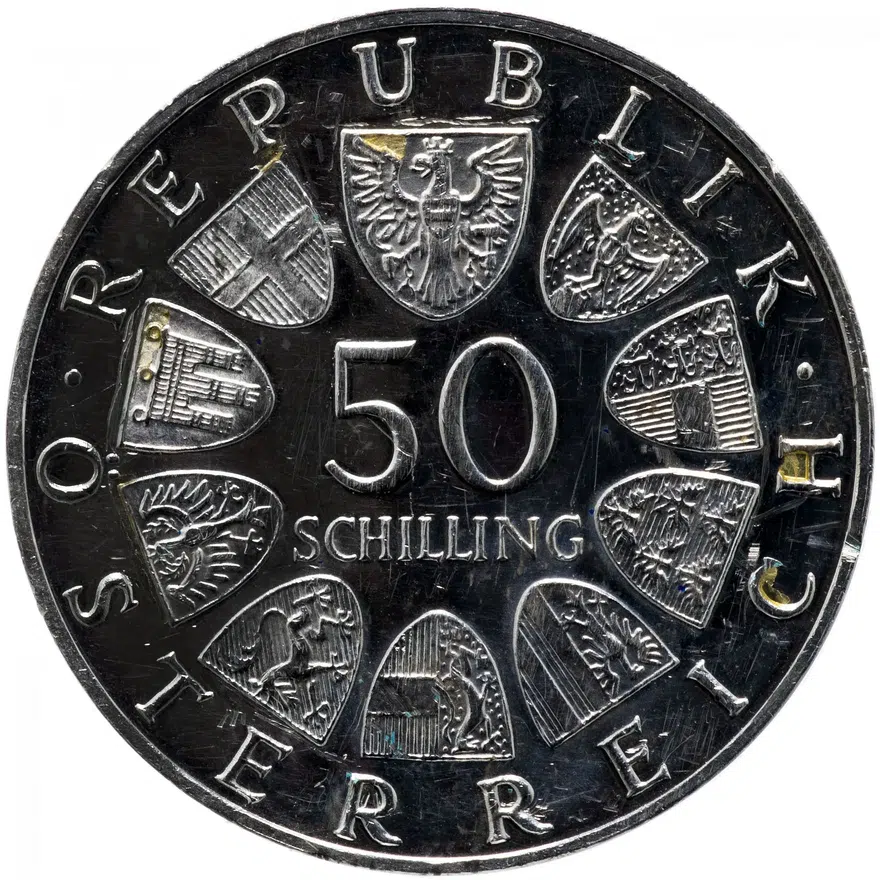Австрия 50 шиллингов (shillings) 1967  100 лет вальсу "На прекрасном голубом Дунае", реверс