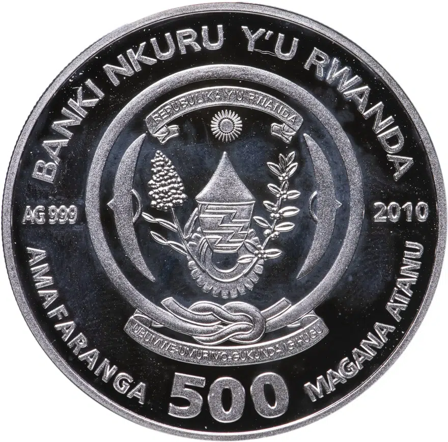 Руанда 500 франков (francs) 2010  Зелёная черепаха (Chelonia mydas), реверс
