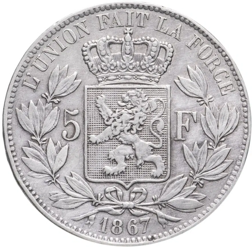 Бельгия 5 франков (francs) 1867, реверс