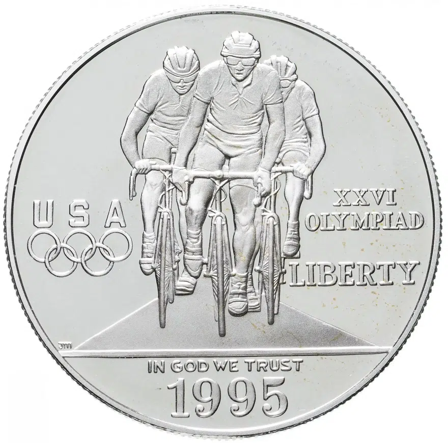 США 1 доллар (dollar) 1995 P "XXVI летние Олимпийские Игры, Атланта 1996 - Велоспорт", аверс